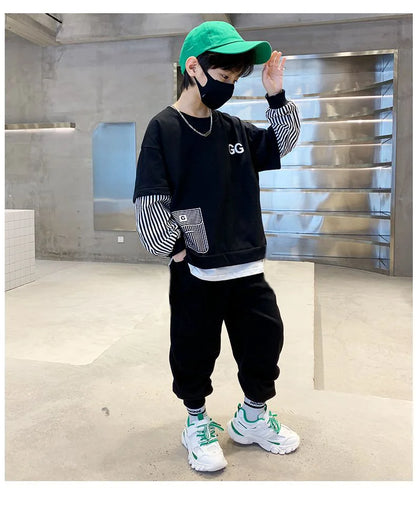 Spring Autumn Girls Boys Striped Patchwork Workout Sweatshirt+Sweatpant Set School Kid 2PCS Tracksuit Child Jogger Outfit 3-14Yr