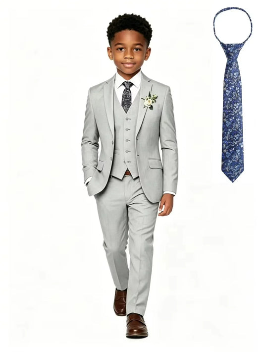 Grey Boys Linen Suit Set 4 Pieces Summer Beach Wedding Wear Elegant Handsome Tuxedo For Kids Birthday Party New Slim Fit Suits