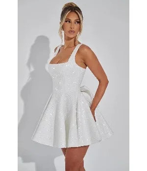 Square Collar Sequin Back To School Dress Spaghetti Strap Cocktail Gown Bow, Backless Elegant Princess Birthday Party Dance Gown