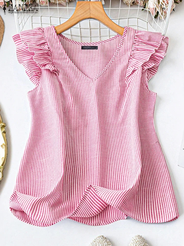 Stylish Women Tanks Tops 2025 ZANZEA Summer Striped Blouses Elegant V Neck Office Work Shirt Casual Sleeveless OL Blusas Mujer