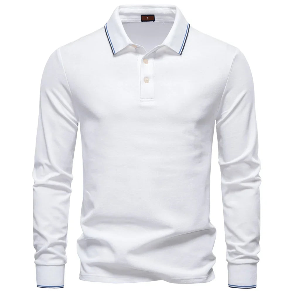 Men's Henley Neck Polo Shirt Cotton Solid Color Long Sleeve Autumn Winter Premium Luxury Mens Top