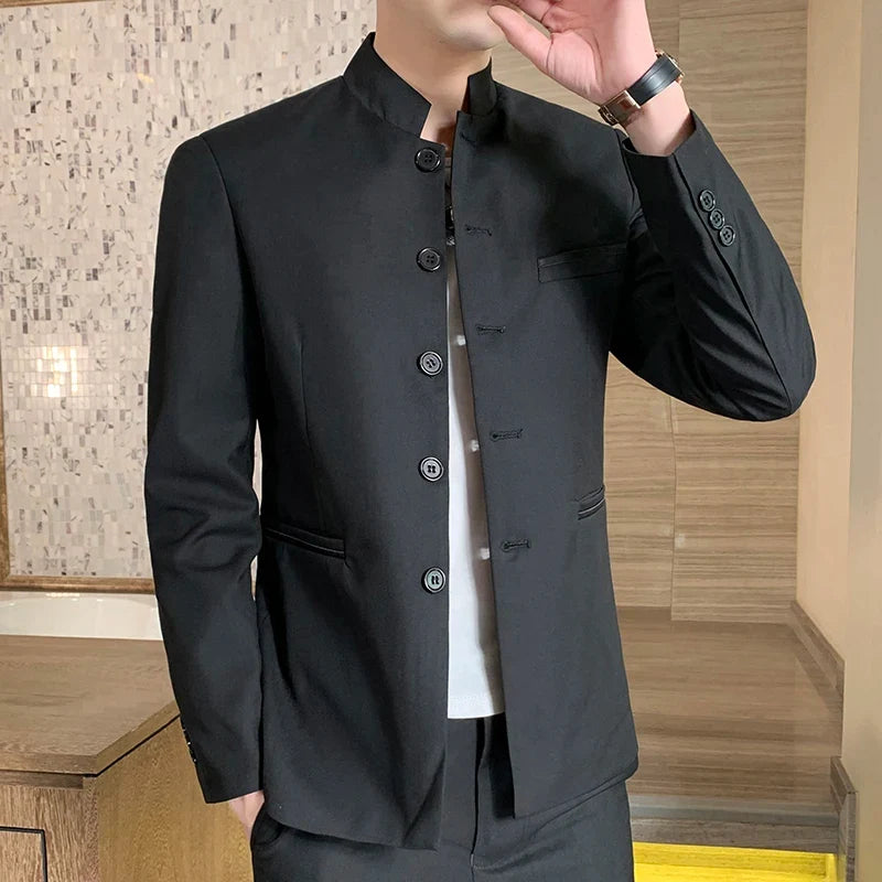 Men's Black Stand Up Collar Blazer Coat, Wedding Party Dress Jacket, Asia Sizes Slim-Fit Single Breasted Jaqueta, Blue Red Tops.