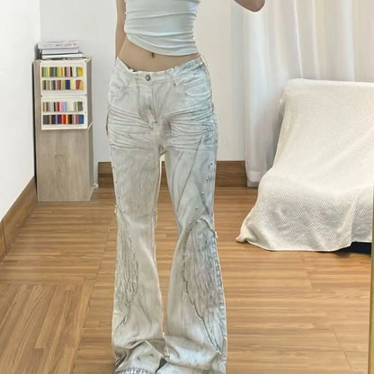 American Retro Hot Girl Tie-Dye Women's High-Waisted Bell-Bottom Pants Slim Ripped New Autumn And Winter Washed Casual Trousers