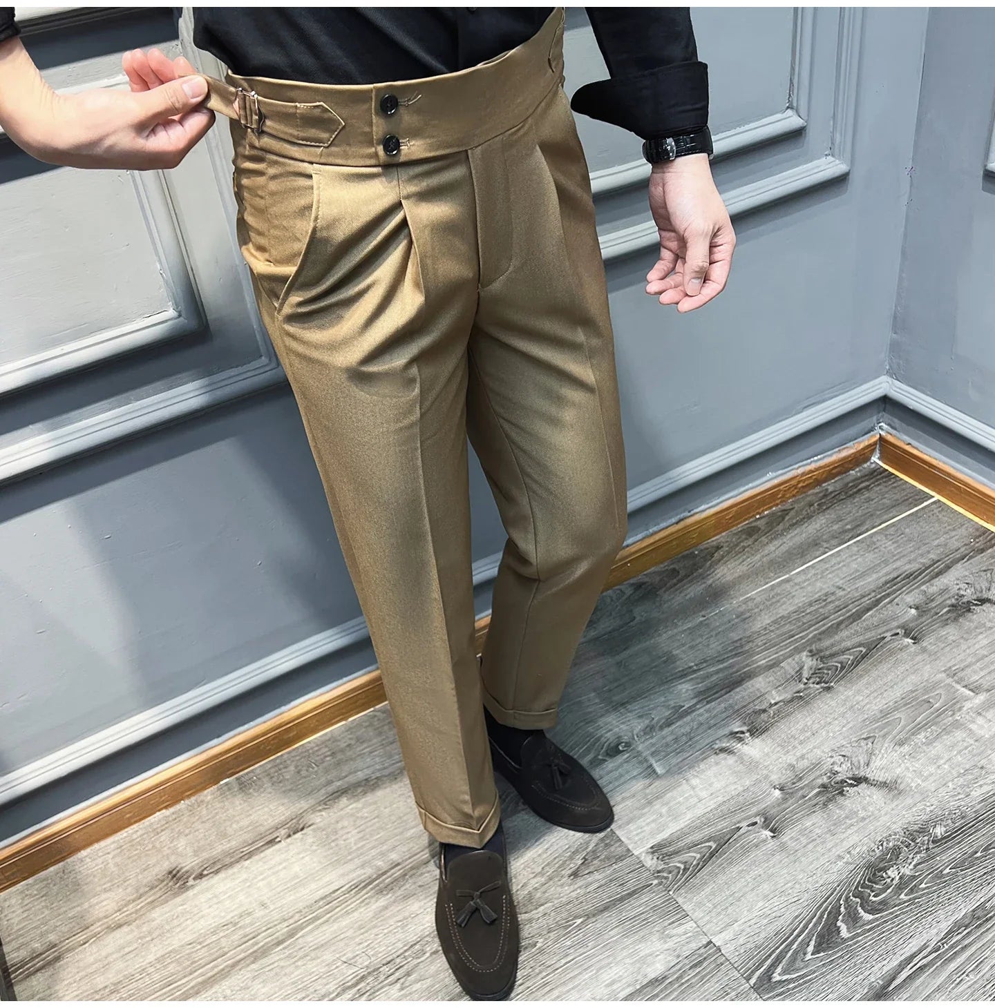 Italian Style Naples High Waisted Straight Pants Men High Quality Solid Color Business Casual Formal Office Social Suit Pants