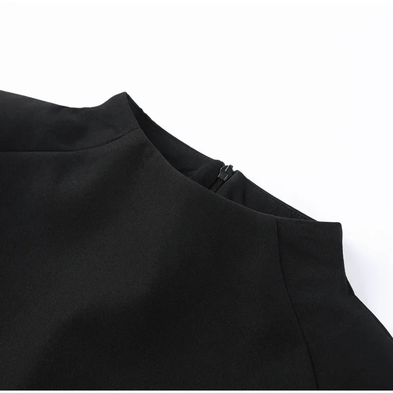 Elegant Women Shawl Cropped Top Shoulder Pads Stand Collar Short Sleeve Black Female T-shirt 2026 Spring Summer Lady Partywear
