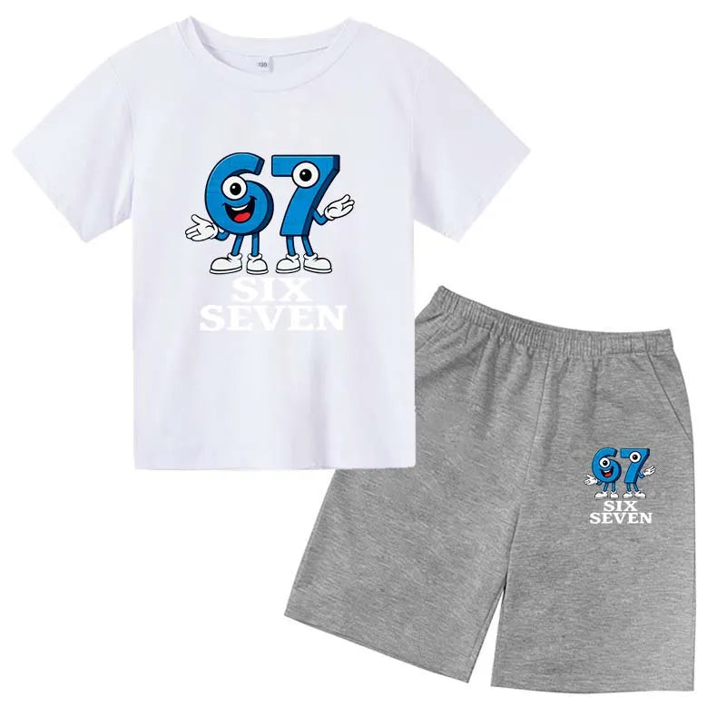 67 Funny Cartoon Number Print Kids Summer Casual 2PCS Breathable Tees+Short Pants Suits 2-13 Years Boys Girls Fashion Clothes
