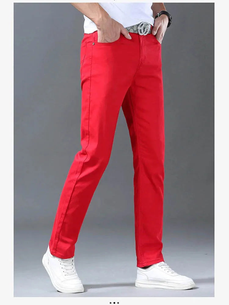 Men Classic Version Slim Stretch Trousers Clothing Red Straight Jeans Fashion High Quality Casual  Denim Pants Male 36 40