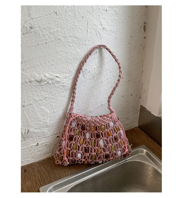 Hollow Beading Women Shoulder Bag Rope Knitting Handbags Bohemian Crochet Mesh Bags for Women Small Woven Beach Bag Flap Tote