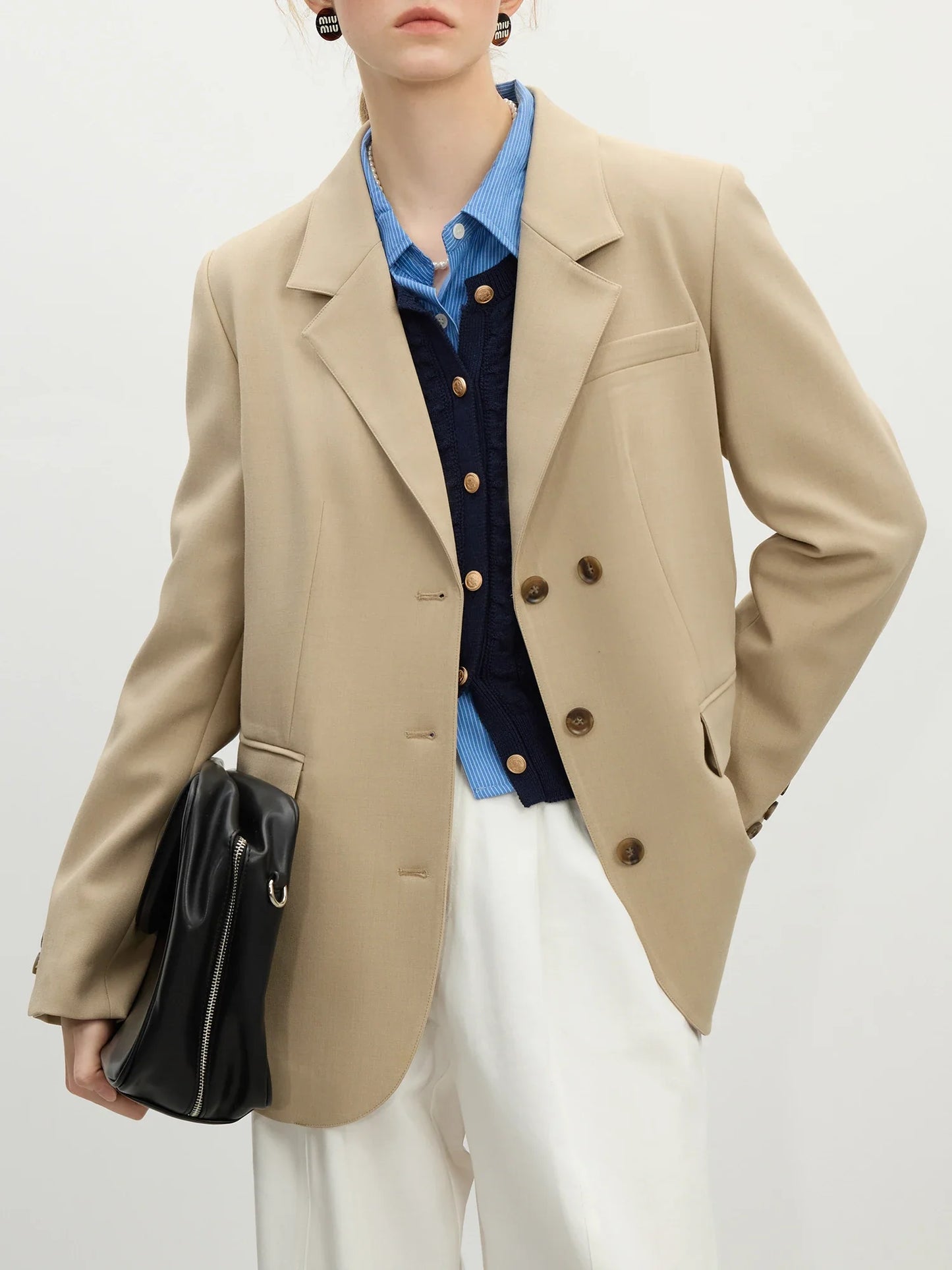 Women Khaki Blazer 2025 Spring New Office Lady Black Simple Loose Front Shoulder Blazer Coats Button Design Coat 25FS11071