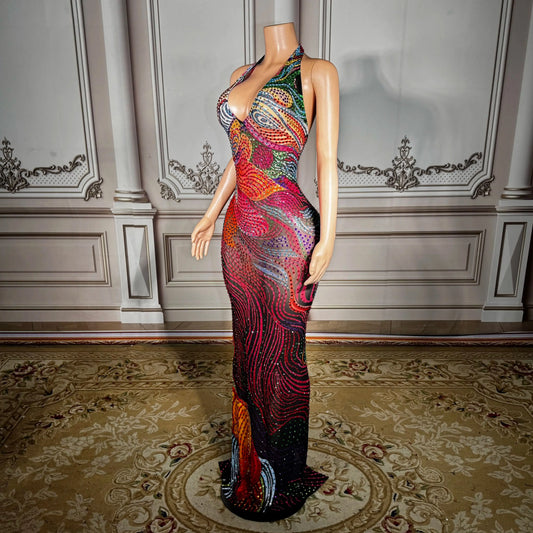 ZD ZD Plus Size Sexy Sheer Mesh Dress with Low Back & Colorful Rhinestones - Glamorous Nightclub & Party Gown for Women