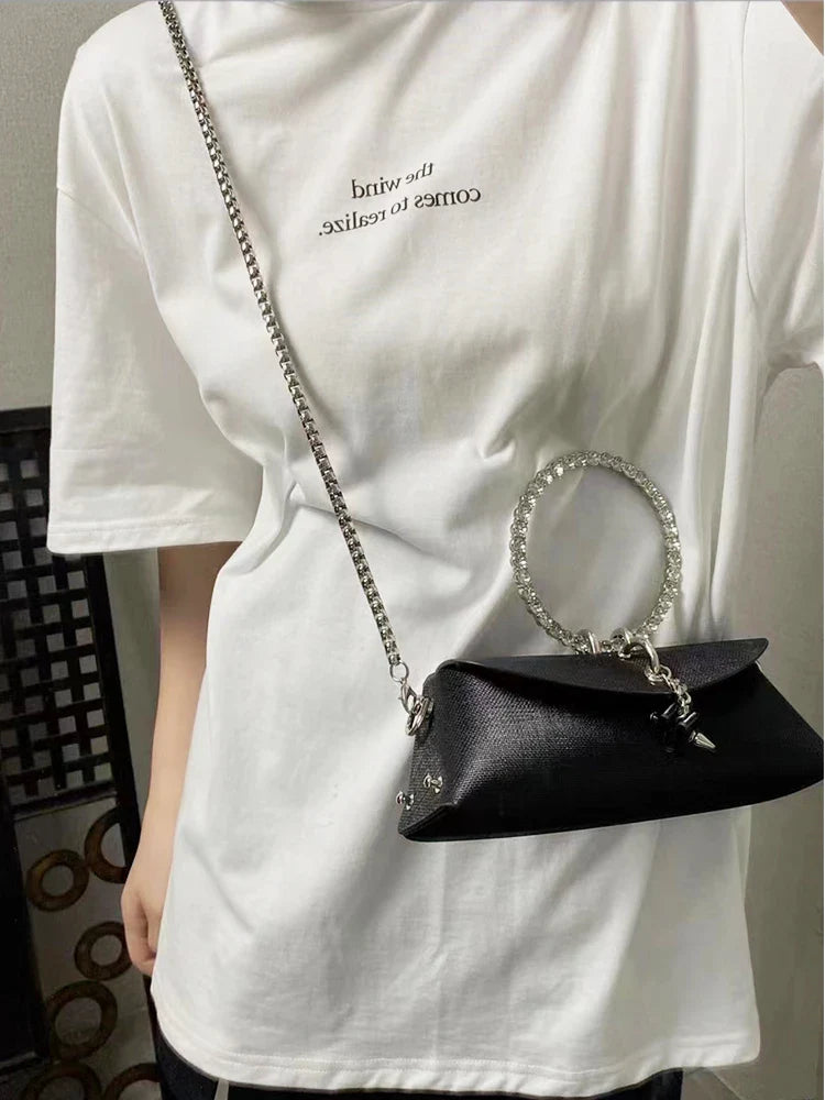 Clutch Bag Luxury Designer Handbag for Women 2025 with Chain Metal Ring Handle PU Leather Rhinestones Purses Shoulder Bag