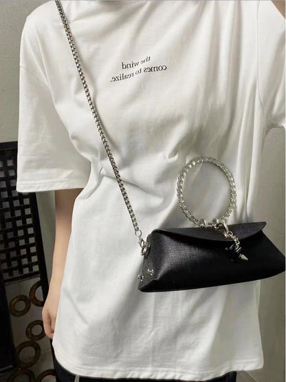 Clutch Bag Luxury Designer Handbag for Women 2025 with Chain Metal Ring Handle PU Leather Rhinestones Purses Shoulder Bag