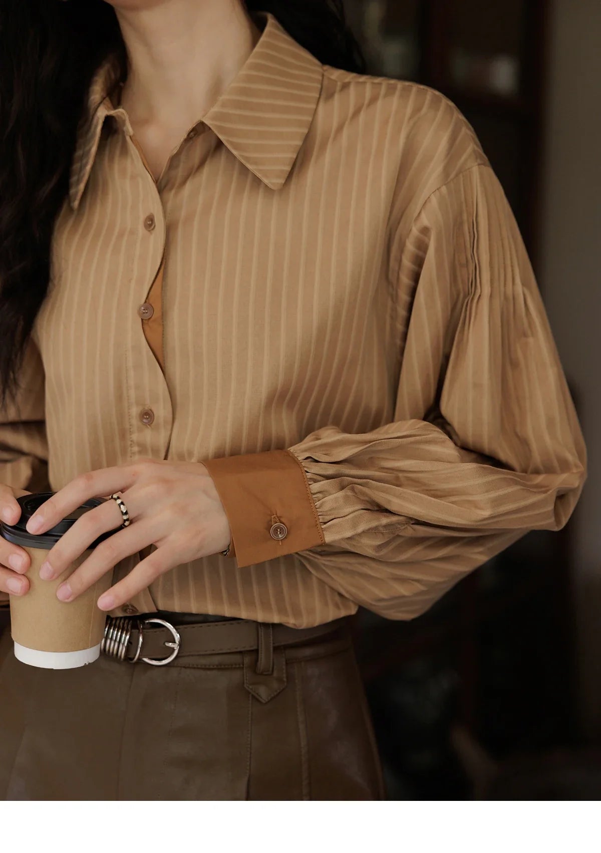 Striped Casual Shirt for Women 2024 Autumn Retro Lapel Long Sleeve Top Contrasting Cuffs Shirts Office Lady MXD42C0301