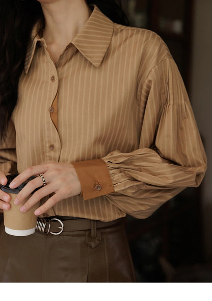 Striped Casual Shirt for Women 2024 Autumn Retro Lapel Long Sleeve Top Contrasting Cuffs Shirts Office Lady MXD42C0301