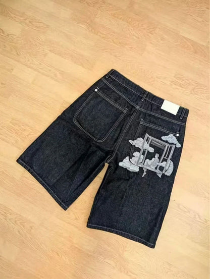 Vintage Window Embroidery Denim Shorts Men Women Y2K Streetwear Baggy Wide Leg Knee Length Dark Blue Casual Jean Shorts