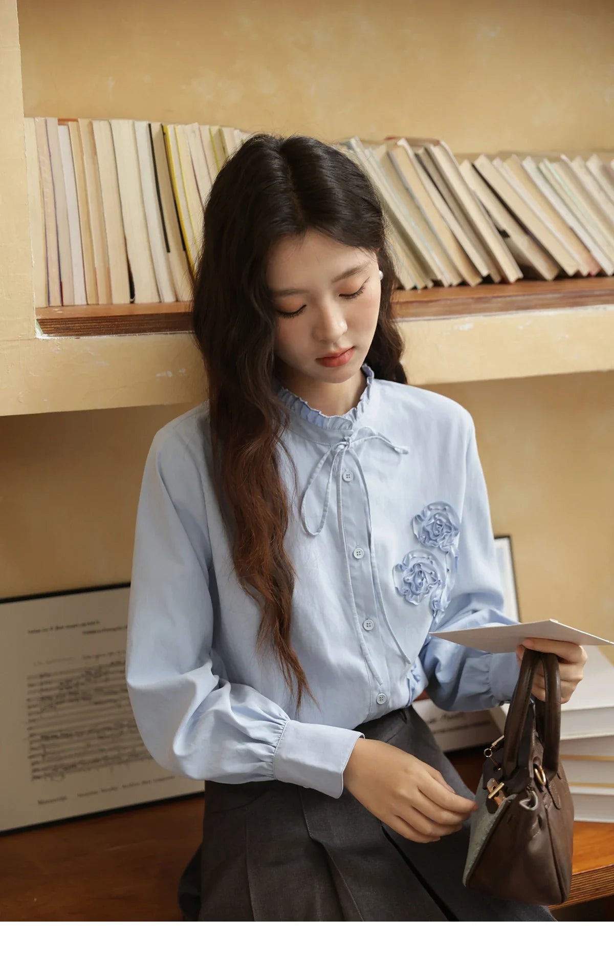 Coiled Flowers Embroidered Blue Shirt for Women Spring 2026 Stand Neck Lace-up Brushed Shirts Office Lady MXE44C2398
