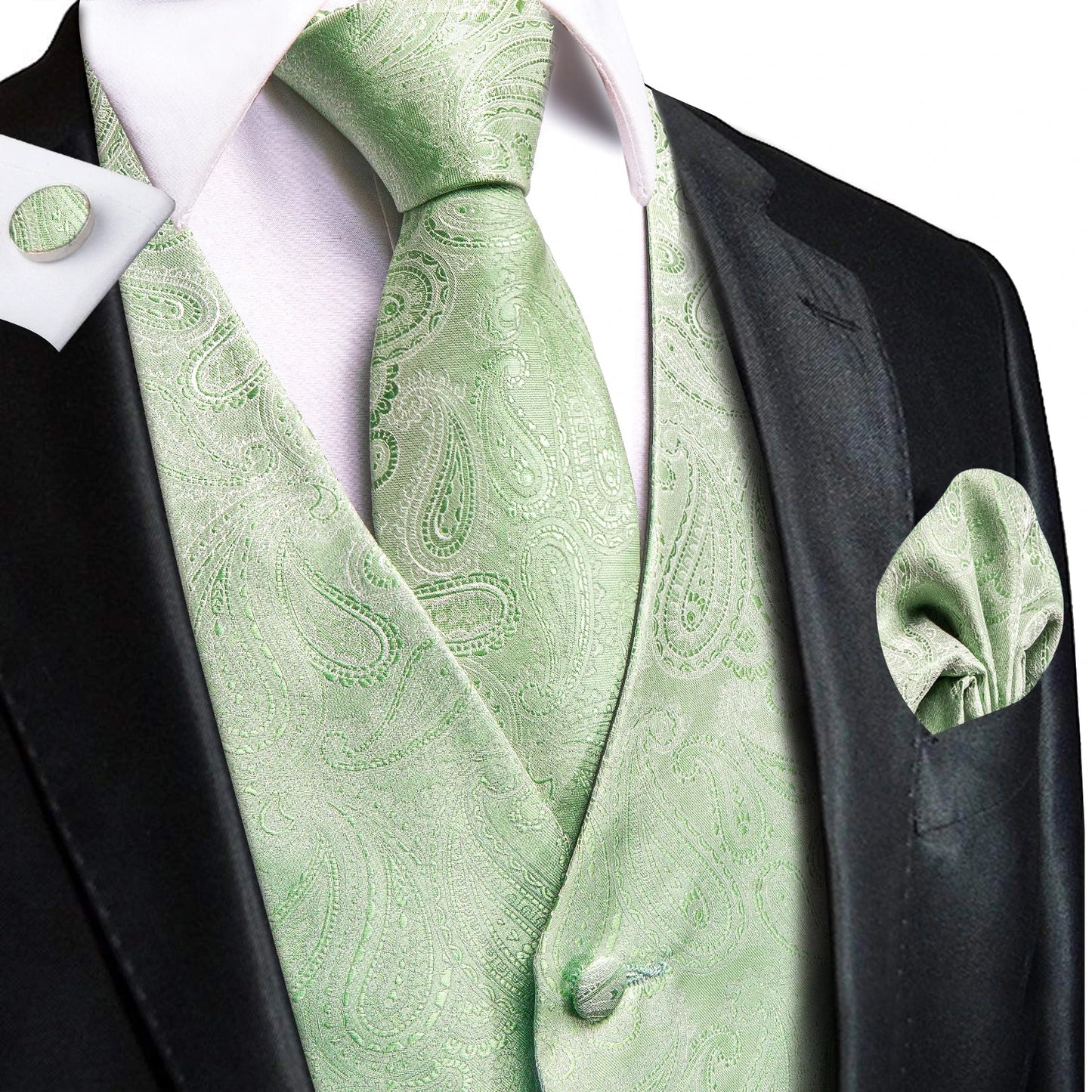 Men's Silk Vests Fashion Dark Green Floral Jacquard Handkerchief Cufflinks Necktie Sleeveless Wistcoat Sets Wedding Party