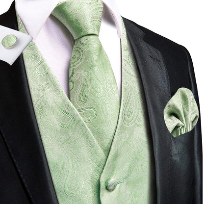 Men's Silk Vests Fashion Dark Green Floral Jacquard Handkerchief Cufflinks Necktie Sleeveless Wistcoat Sets Wedding Party