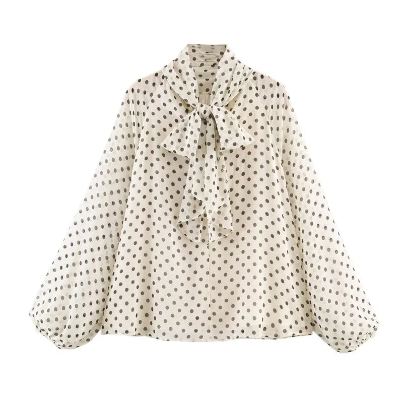 Women Polka Dot Print Blouse Casual High Collar Long Sleeve Lady Top Simple Women's Blouse Female Shirts & Blouses