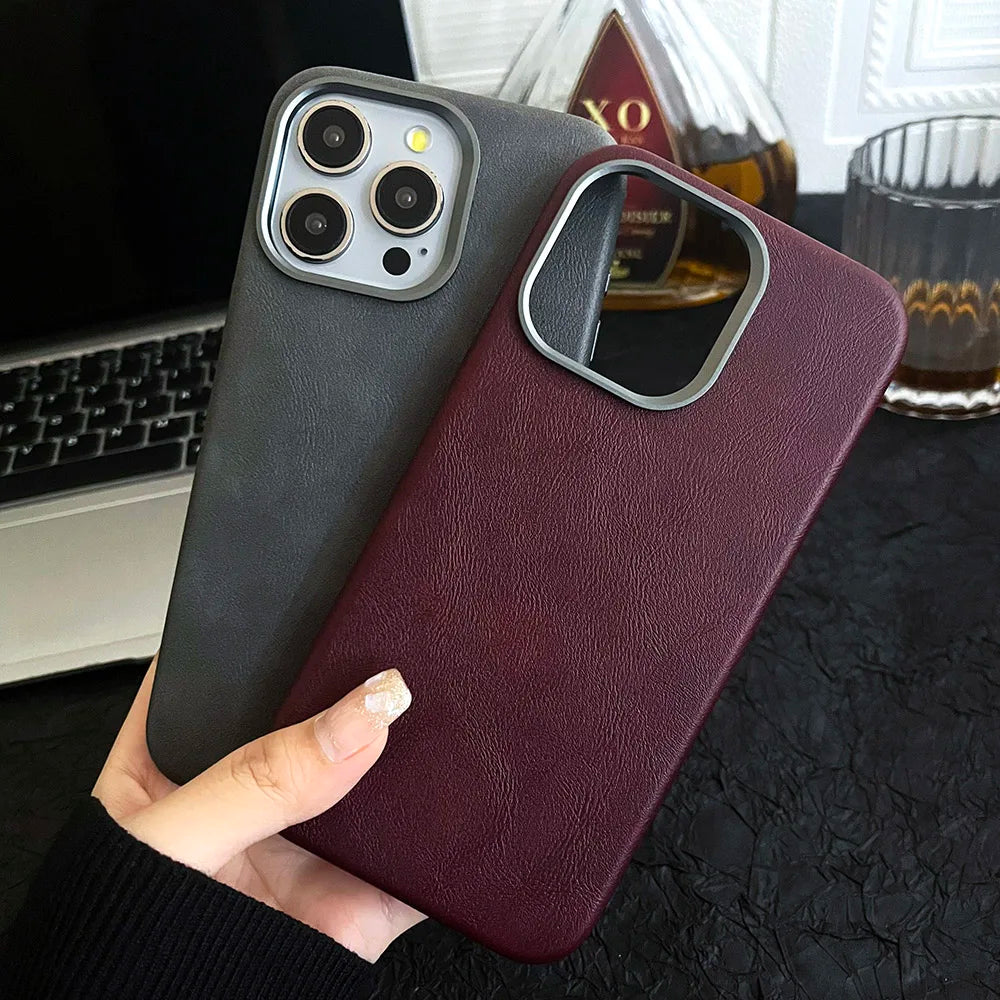Premium Vintage Leather Magnetic Phone Case for IPhone 16 14 13 15 Pro Max Wireless Charging Alloy Camera Shockproof Back Cover