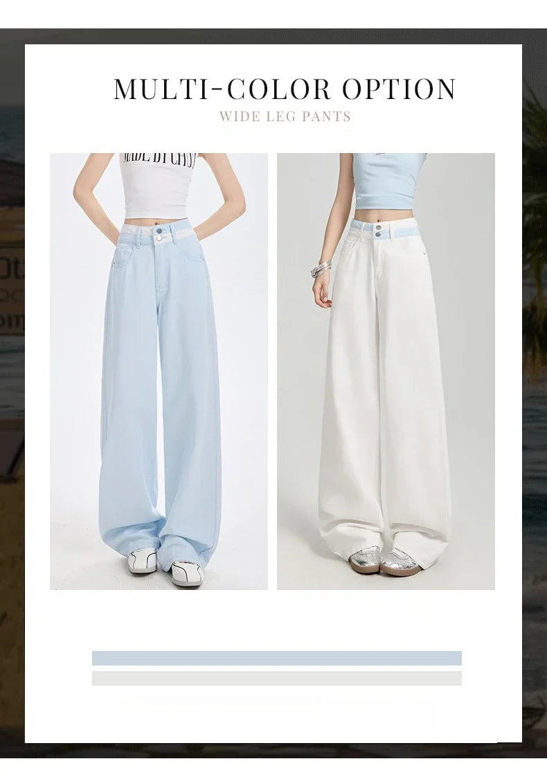 Loose Casual Wide Leg Denim Pants Summer New Thin 100% Cotton Women's High Waist Y2K Contrast Stitching All Match Baggy Jeans
