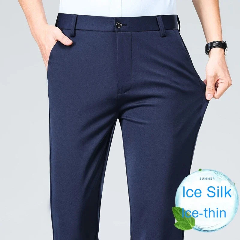 Men's Summer Dresses Long Pants Slim Fit Business Pants Lightweight Ice Silk Office Pants, Wrinkle Resistant and Elastic