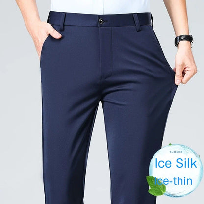 Men's Summer Dresses Long Pants Slim Fit Business Pants Lightweight Ice Silk Office Pants, Wrinkle Resistant and Elastic