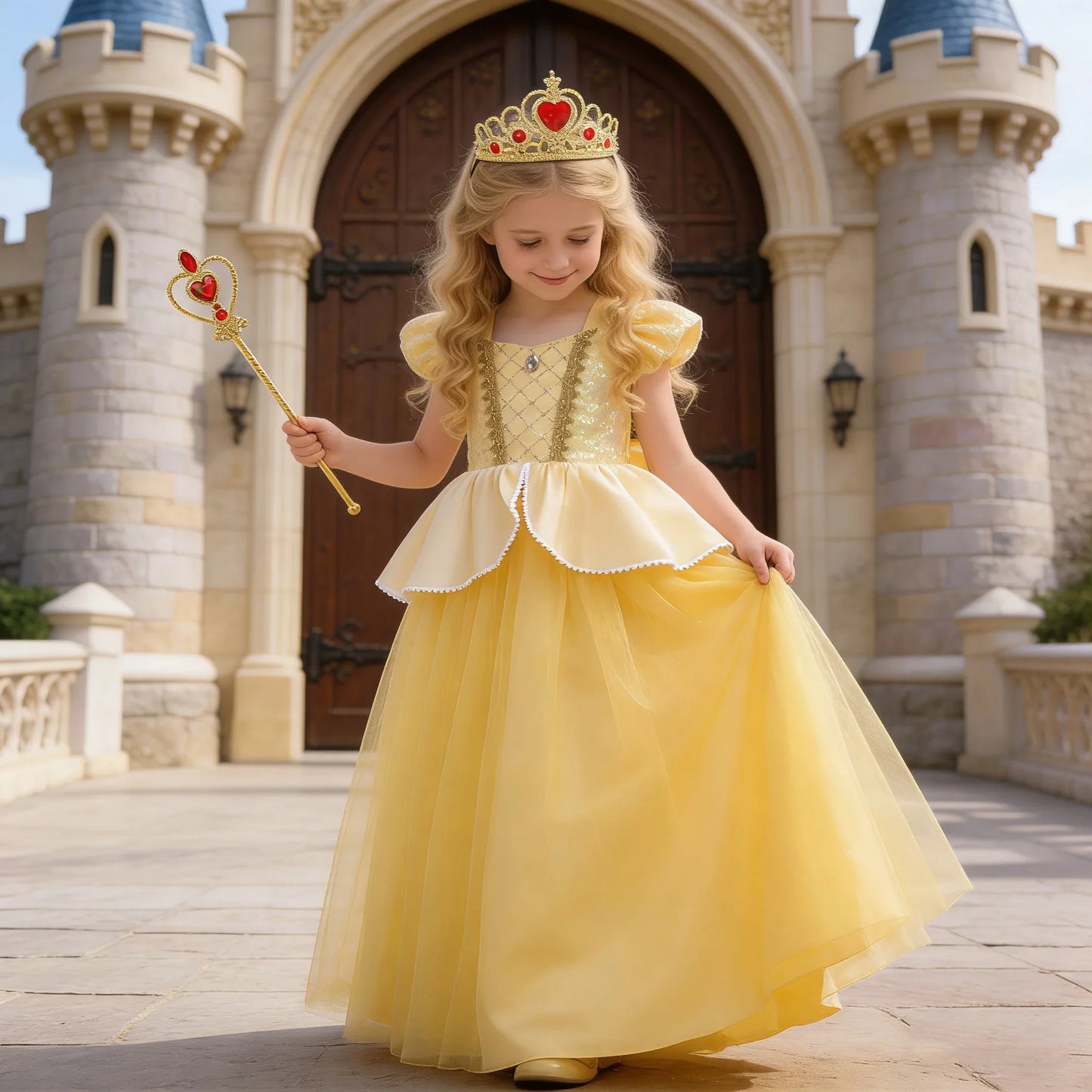 Kids Belle Elegant Costume Girls Halloween Princess Cosplay Party Mesh Dress Children Birthday Clothes Carnival Luxury Ball Gown