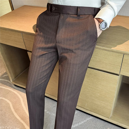Autumn Winter New Thickened Wool Striped Suit Pants Men's High Qualitys Elastic Waist Slim Fit Business Casual Trousers 38-29