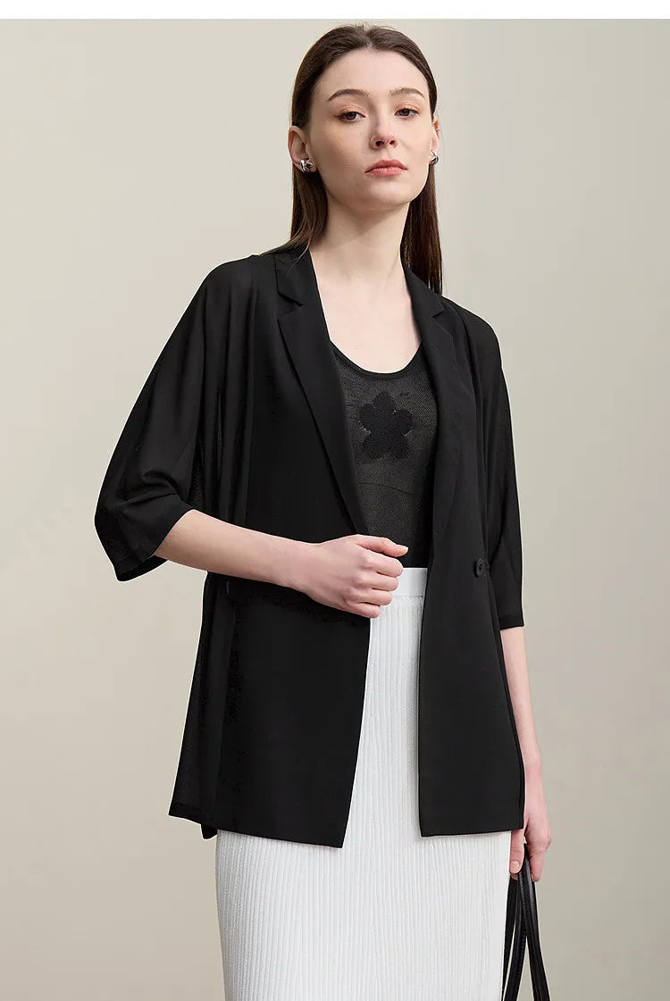 Women's Blazer 2026 Summer New Notch Lapel Dolman Sleeve Jacket Loose Lightweight Office Chiffon Coat For Women 12642007