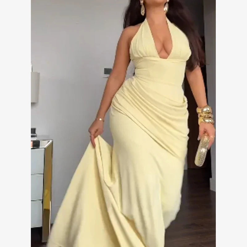 Women Strapless Pleated Long Dress Elegant Solid Split Sleeveless Backless High Waist Slim Fit Maxi Dresses 2026 Lady Party Robe