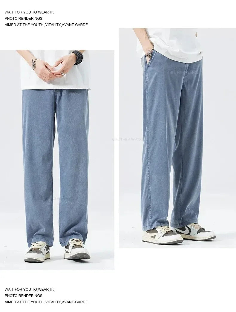 Ultra Thin Baggy Jeans Men's Summer New in Lyocell Soft Breathable Straight Trousers Elastic Waist Casual Blue Gray Wide Pants