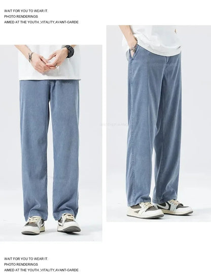 Ultra Thin Baggy Jeans Men's Summer New in Lyocell Soft Breathable Straight Trousers Elastic Waist Casual Blue Gray Wide Pants