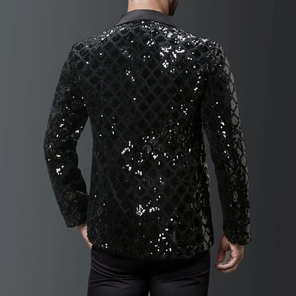 Men's Gold Suit Jacket, Wedding Party Dress Coat, Silver Blue Black Round Metallic Sequin Decoration Blazers.