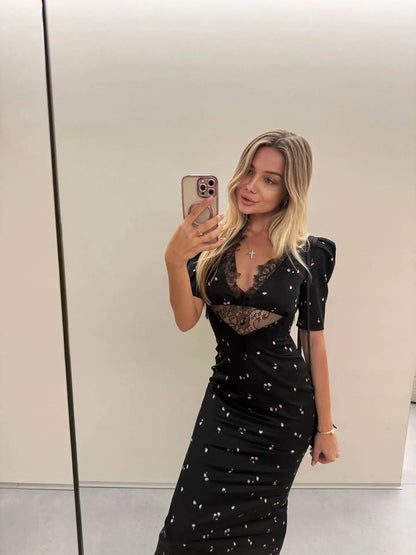 Lace Patchwork Printed Maxi Dresses For Women Fashion Sexy Streetwear Short Sleeves Slim Hollow Out Long Vestidos Robes Female