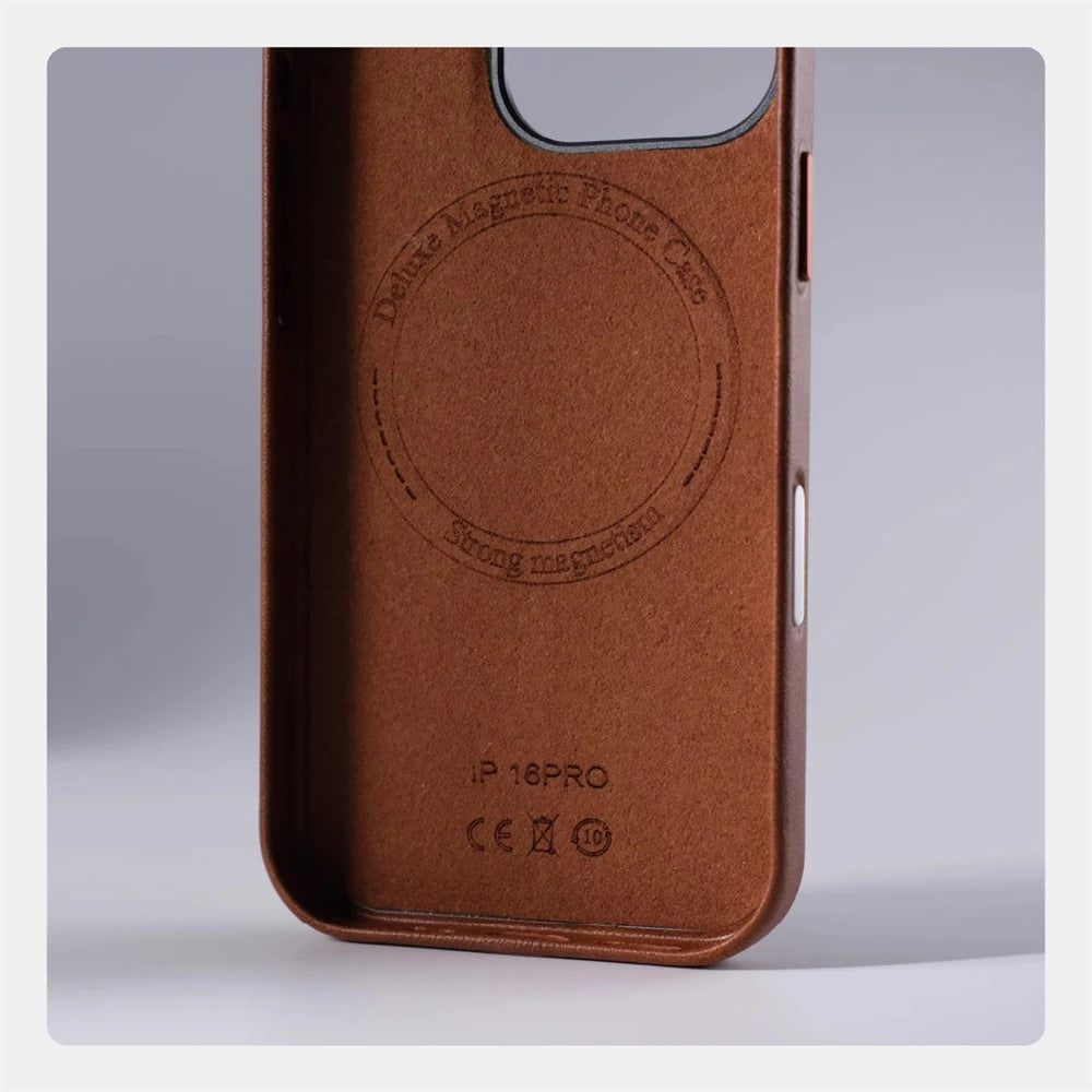 Luxury Business Retro Leather Magnetic Case For iPhone 17 Pro Max 16 Plus 15 14 13 MagSafe Alloy Lens Wireless Charging Cover
