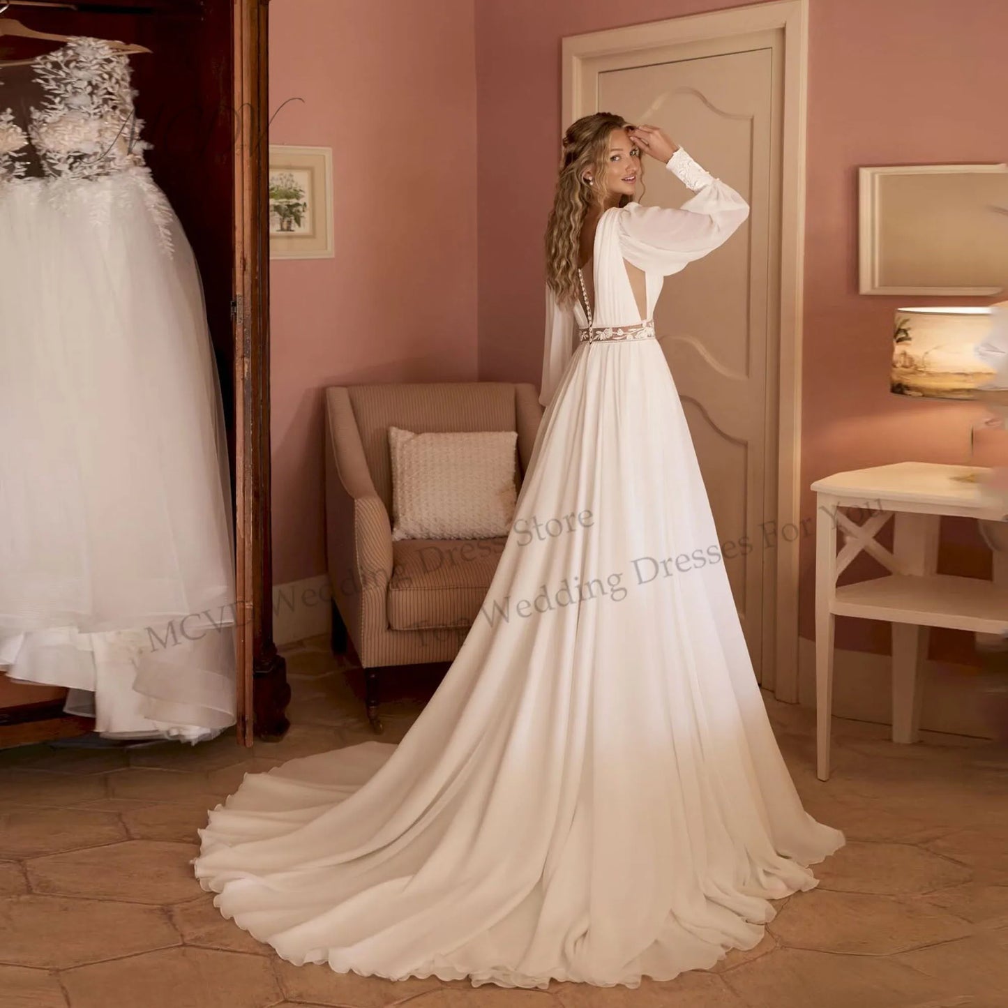 Bohemian Chiffon Wedding Dress Long Puff Sleeves Scoop Lace Waist A-Line Civil Bridal Gown Backless High Slit Customized