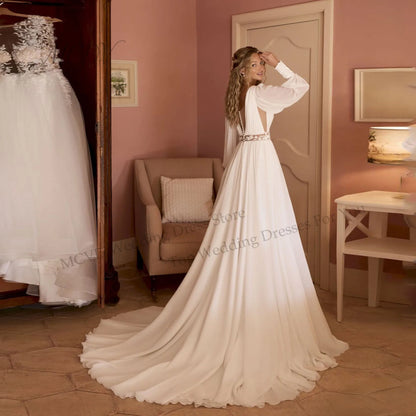 Bohemian Chiffon Wedding Dress Long Puff Sleeves Scoop Lace Waist A-Line Civil Bridal Gown Backless High Slit Customized