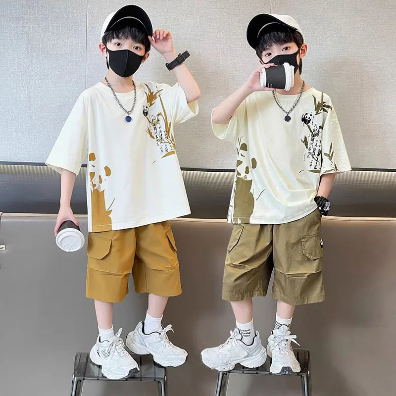 Chinese Style Kids Boy Summer Suit Twopiece Outfit Set With Panda Print T-shirt And Shorts Clothing Set for Children Streetwear