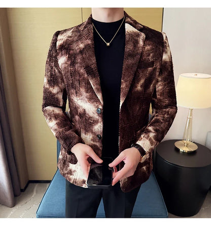 High QualityTie Dye Chenille Men Fashion Casual Suit Jacket Autumn Winter New Korean Slim Fit Social Wedding Suit Blazer