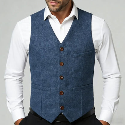 Men Vest Blue Herringbone V Neck Single Button Solid Waistcoat For Wedding Business Office Work Daily Casual Men Suit Vest