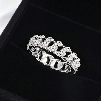 Moissanite Iced Out Cuban Link Rings Pure 925 Silver Bling Hip Hop Chain Ring for Women Men Couple Jewelry D Vvs1 Band