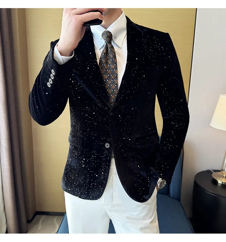 High Quality Velvet Bronzing Suit Coats Mens Sparkle Elegant Slim Business Suits Jacket Homme Formal Social Prom Party Tuxedos