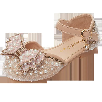 New Girl Sandals Cute Bow Pearl Sequins Kid Princess Shoes Flat Heels children Dancing Size 21-36