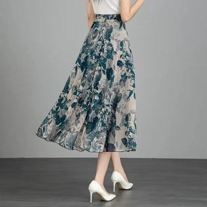 Women's Floral Print Chiffon Maxi Skirt High Waist A-line Casual Summer Skirt