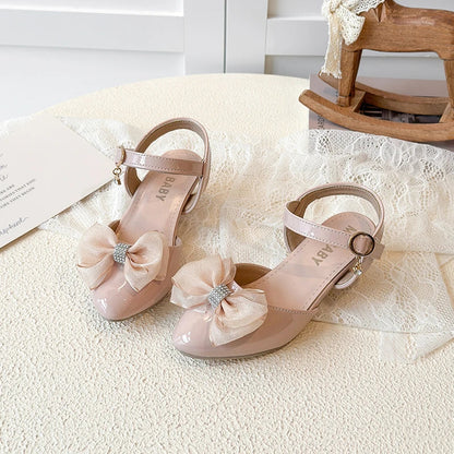 Girls Sandals Fashion Bow Girls High Heels Pink Kid Non-slip Princess Performance Shoes 3-18 Years Old Children's Leather Shoes