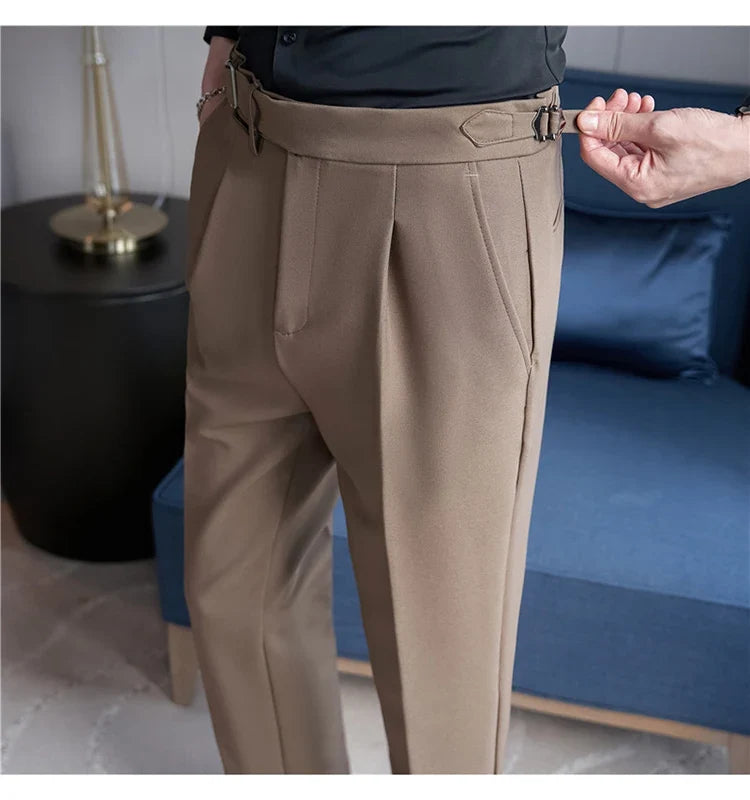 2026 Texture Naples Men's Solid Color Casual Pants Fashion Belt Design Slim Fit Suit Pants Formal Wear Wedding Social Trousers
