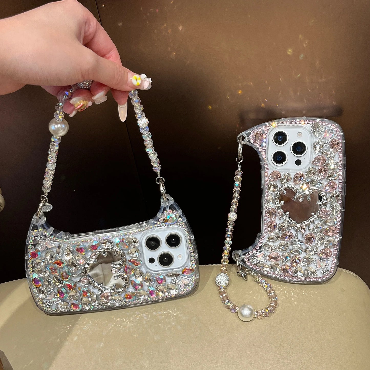 Luxury Bling Rhinestone Hand Bag with Mirror For iphone 17 pro max case 11 12 13 14 15 16 Pro Max Plus Phone Cases For 16 Pro