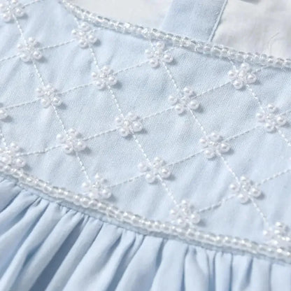 Baby Girl Princess Cotton Bow Pearl Dress Infant Toddler Child Ruffled Spanish Blue Vestido Birthday Party Baby Clothes 18M-7Y