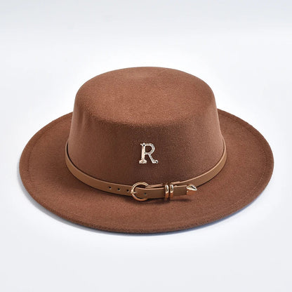 New Metal R Letter Fedora Hat for Women Fashionable Winter Flat Top Wedding Church Bowler Cap Females Elegant Holidays Hat